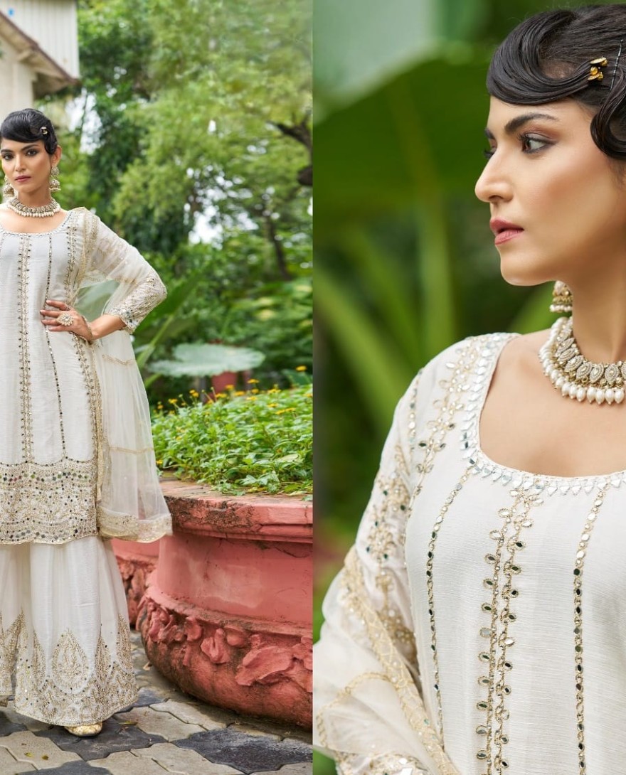 WHITE - Chinon Palazzo Salwar Suit In White Colour